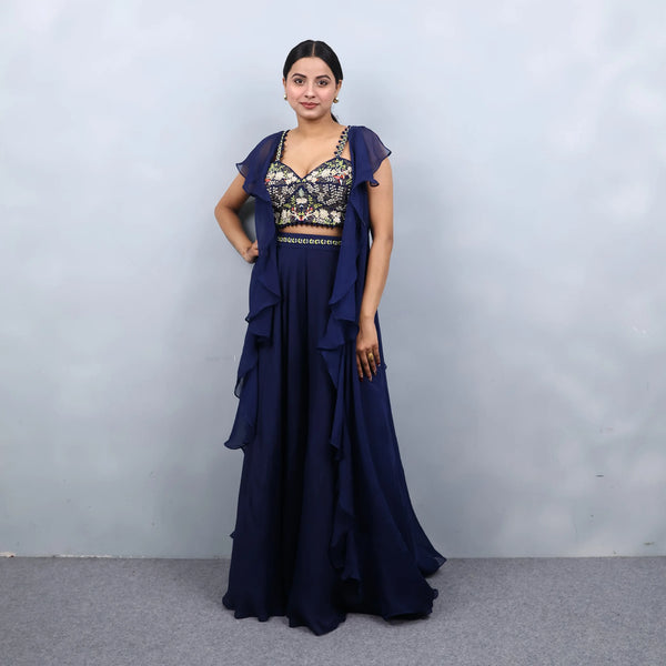 Elegant Blue Crop Top with Divider and Attached Shrug