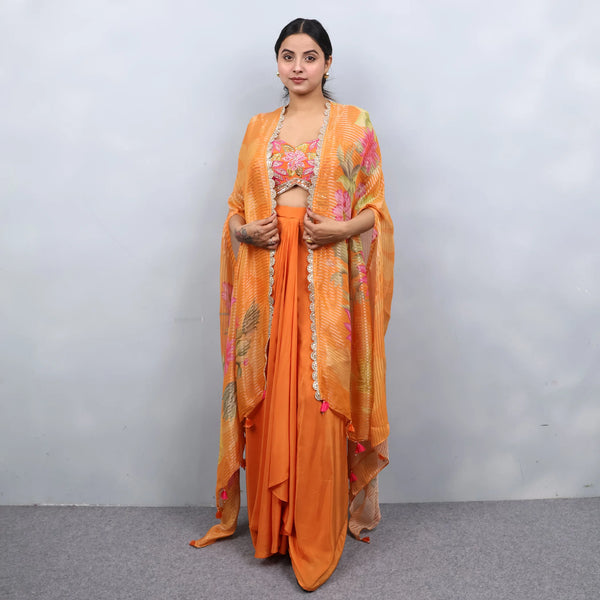 Trendy Orange Crop Top with Dhoti Skirt