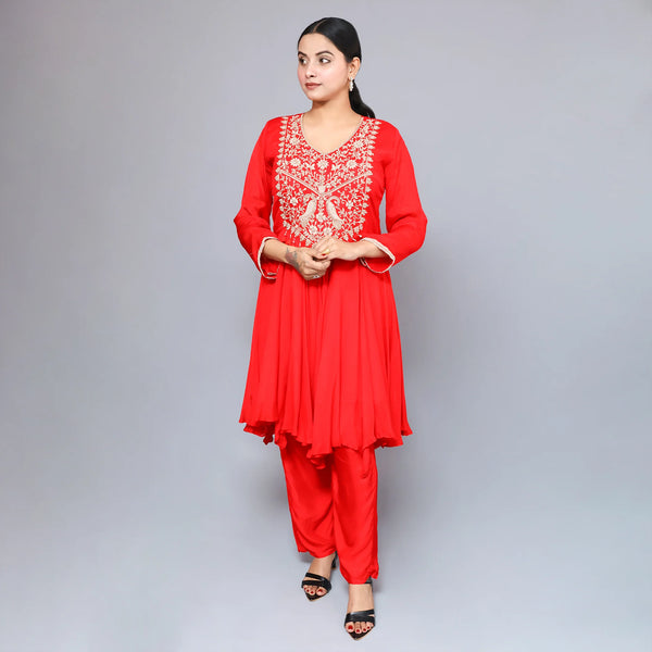 Red Crepe Suit with Pants