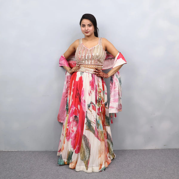 Multi-Color Crop Top Lehenga with Dupatta