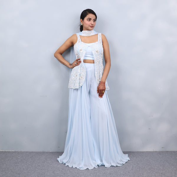 Crop Top Sharara with Sleeveless Shrug