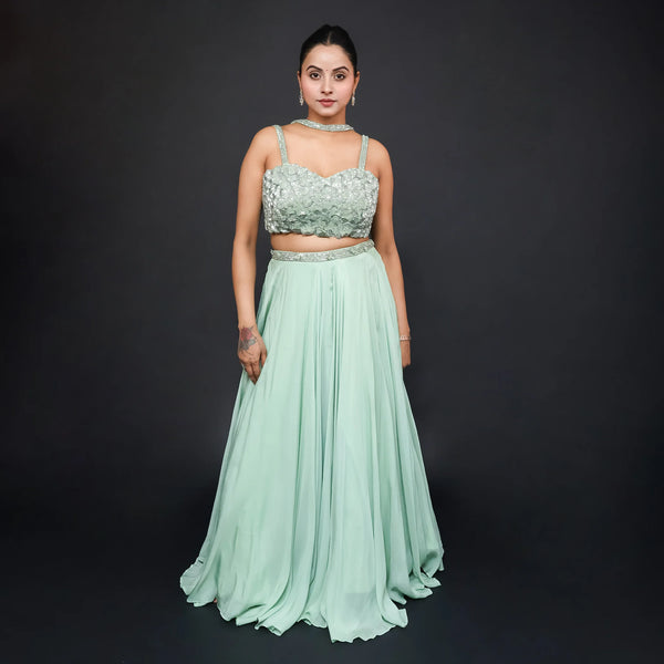 Pista Green Girlish Crop Top Skirt with Choker Dupatta