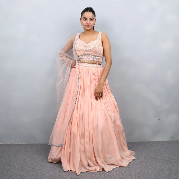 Peach Crop Top with Skirt and Net Dupatta