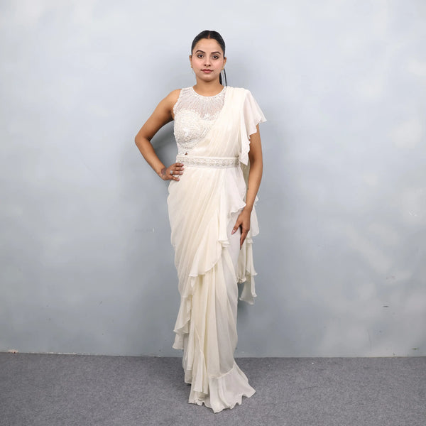 Elegant White Ruffle Drape Saree