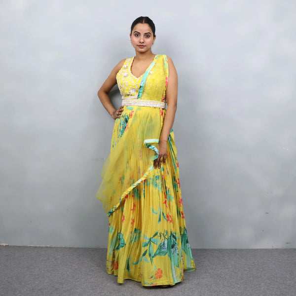 Yellow Crop Top with Skirt & Dupatta