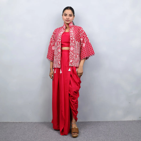 Majenta Crop Top Dhoti Set with Jacket