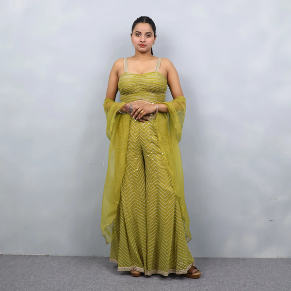 Mehendi Green Crop Top Palazzo with Ruffle Dupatta