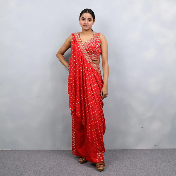 Red Crop Top with Drape and Palazzo – Perfect Fusion Wear for Trendy Women