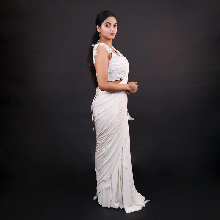 Ivory Crop Top Style Drape Saree- Vastrachowk