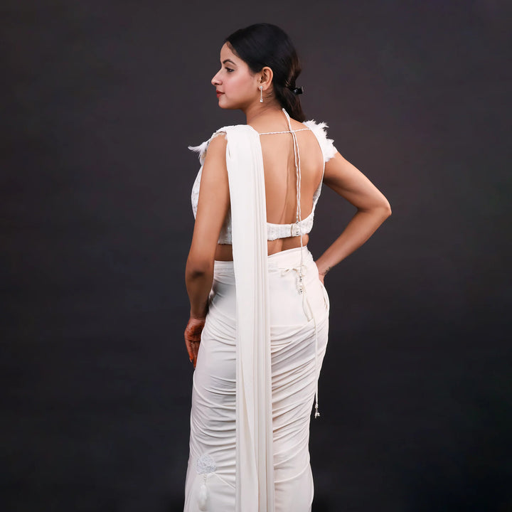 Ivory Crop Top Style Drape Saree- Vastrachowk