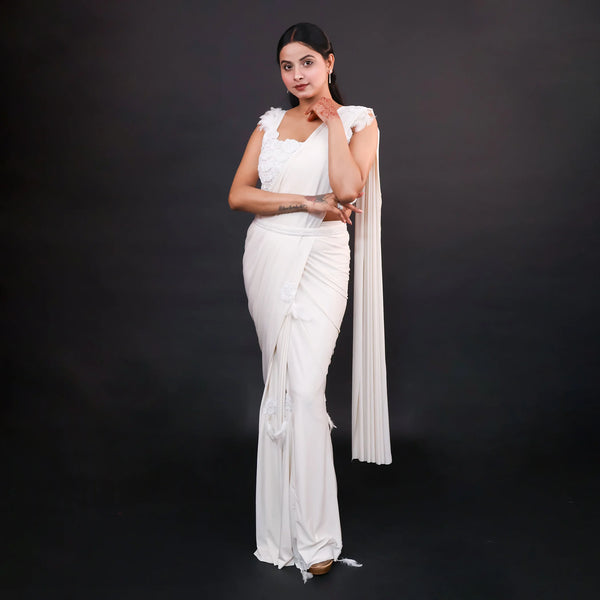 Ivory Crop Top Style Drape Saree