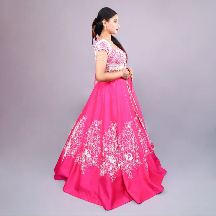 Magenta Pink Indo Western Crop Top Lehenga-Vastrachowk