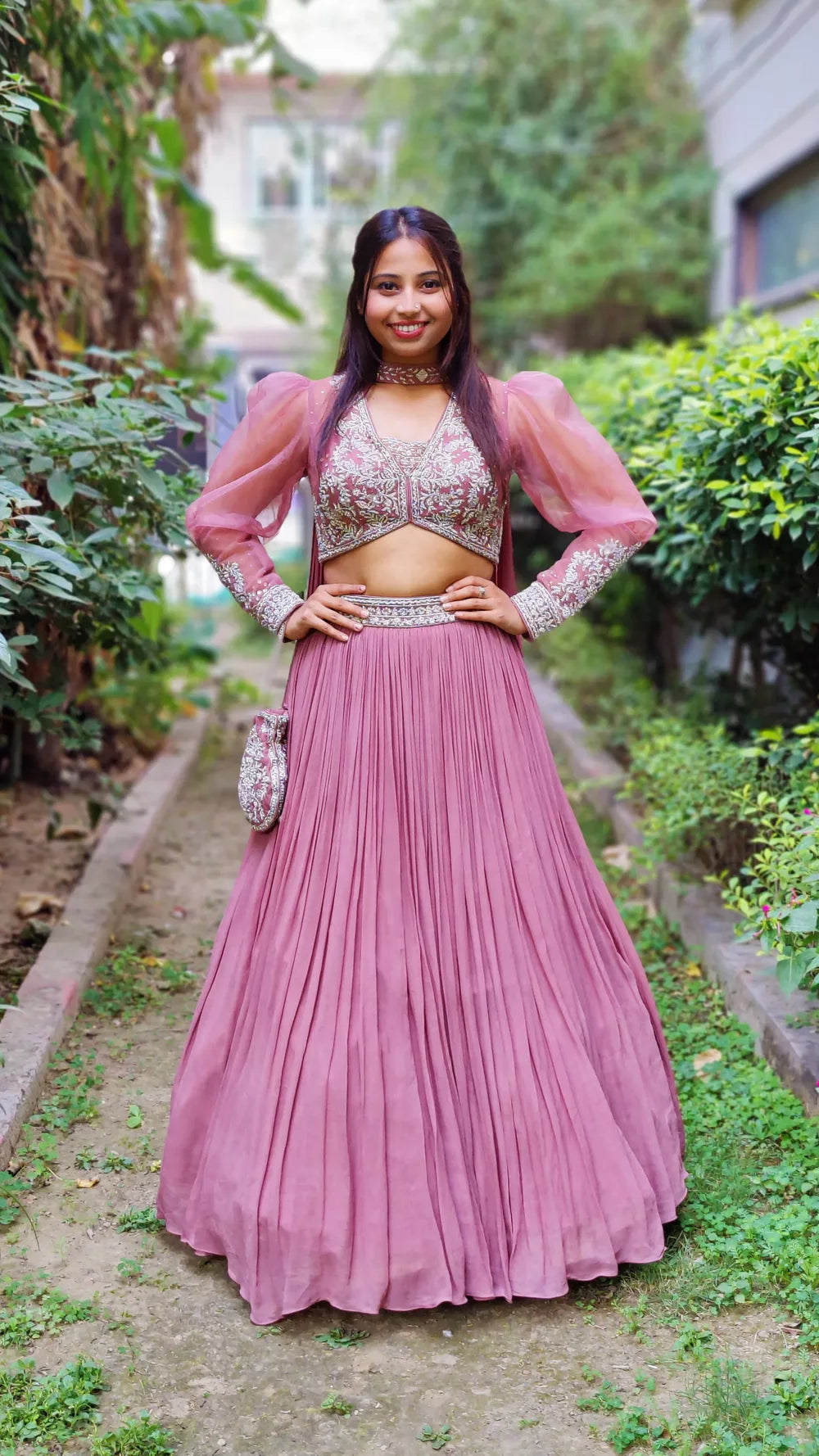Buy Vintage Rose Pink Sequins Lehenga With A Balloon Sleeves Crop Top  Featuring Embroidered Lapel Collar Neckline Online - Kalki Fashion