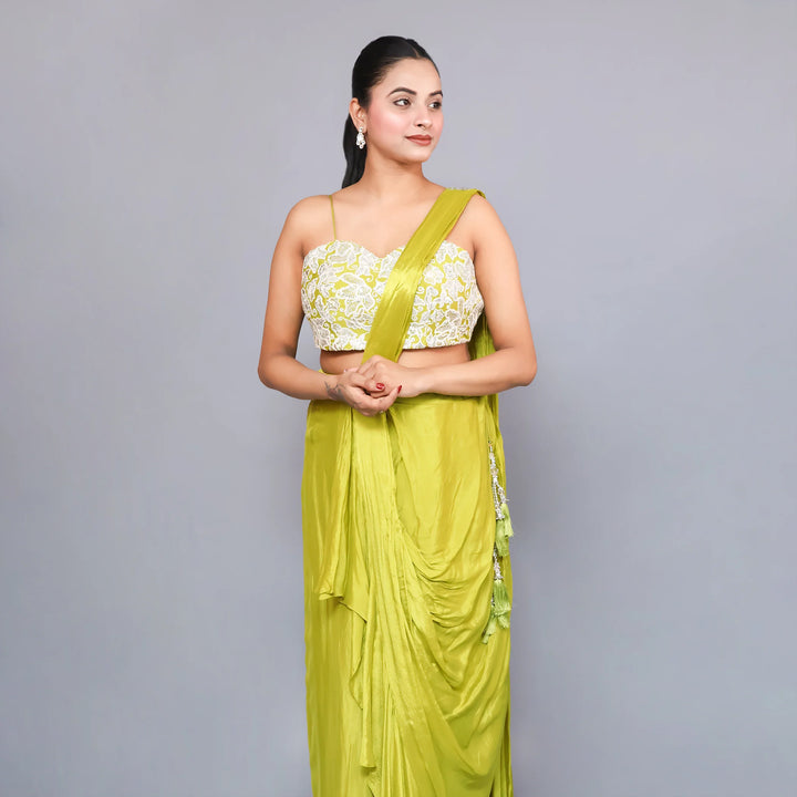 Mehendi Green Drape Skirt Set-Vastrachowk