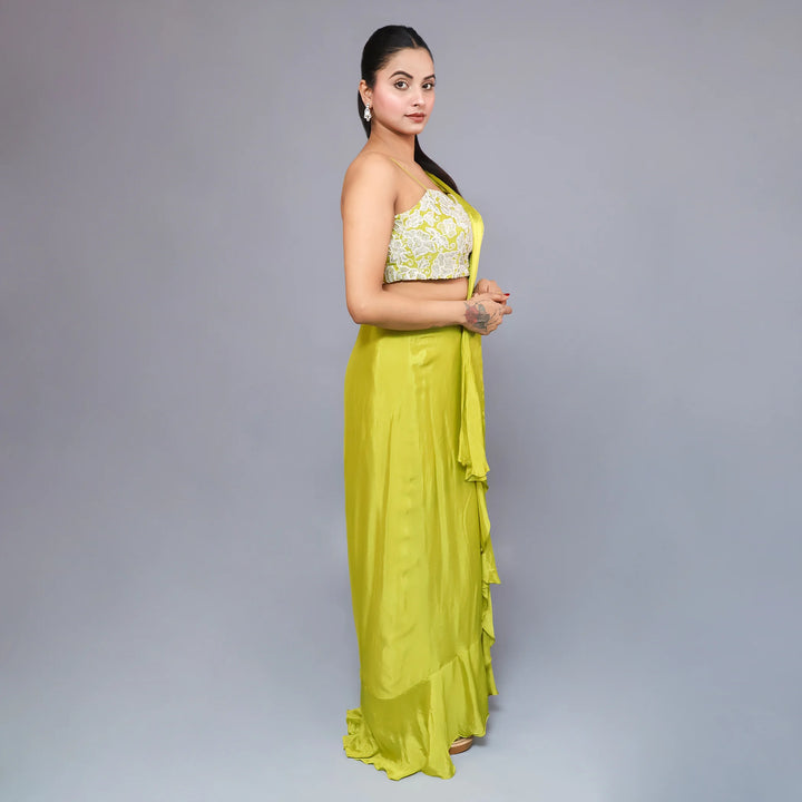 Mehendi Green Drape Skirt Set-Vastrachowk