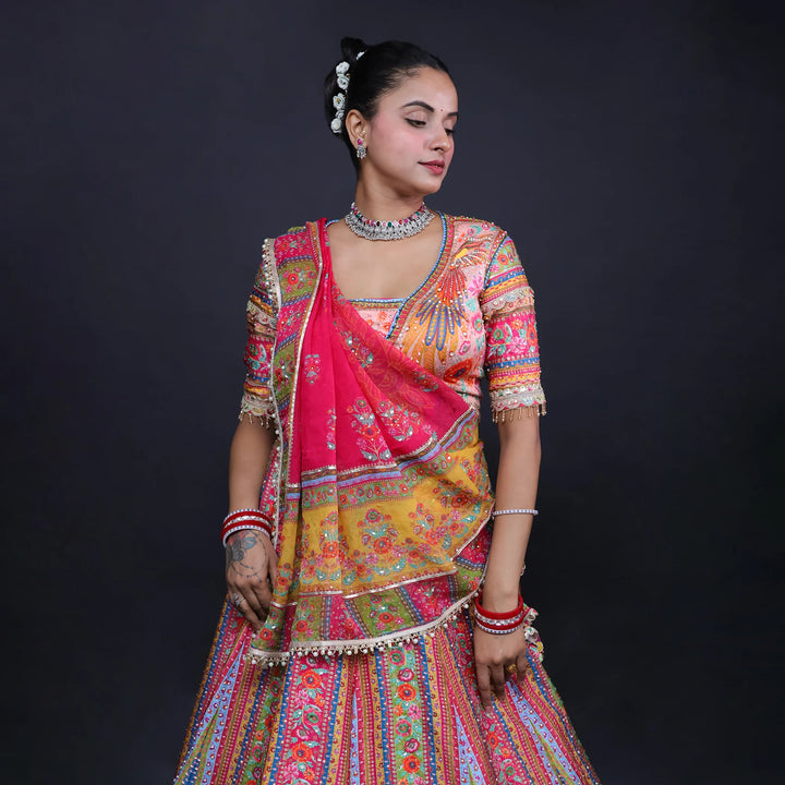 Multicolour Printed Traditional Crop Top Lehenga- Vastrachowk