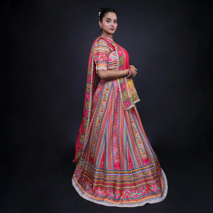 Multicolour Printed Traditional Crop Top Lehenga- Vastrachowk