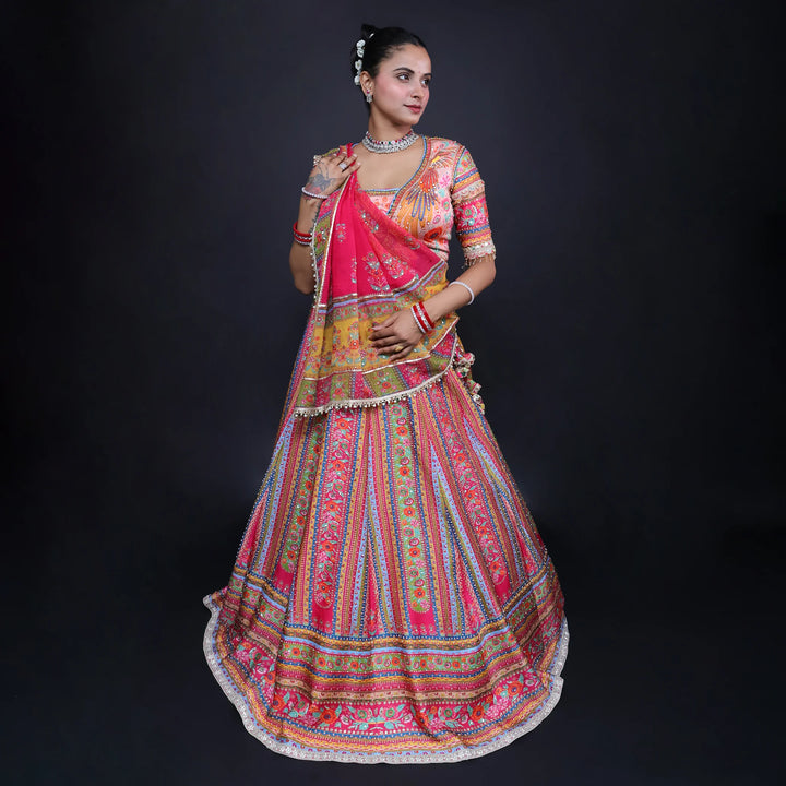 Multicolour Printed Traditional Crop Top Lehenga