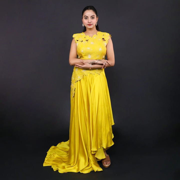 Mustard Crop Top Western Skirt- Vastrachowk