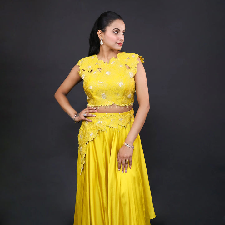 Mustard Crop Top Western Skirt- Vastrachowk