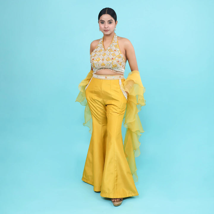 Mustard Halter Neck Crop Top with Sharara