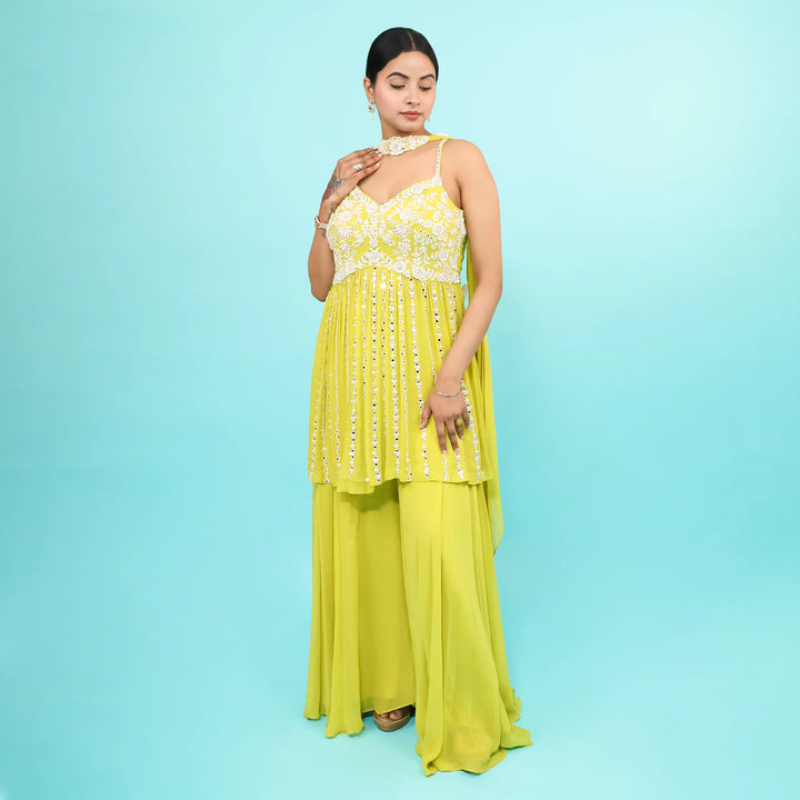 Neon Green Peplum Sharara with Choker Dupatta