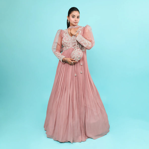 One-Piece Gown with Choker Dupatta & Hand Potli