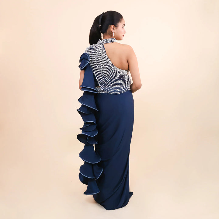 Peacock Blue Drape Saree- Vastrachowk