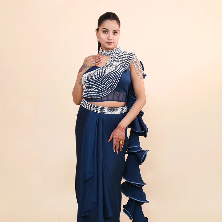 Peacock Blue Drape Saree- Vastrachowk