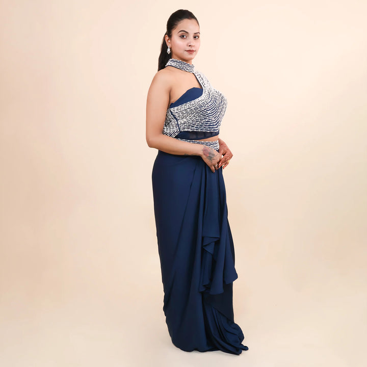 Peacock Blue Drape Saree- Vastrachowk