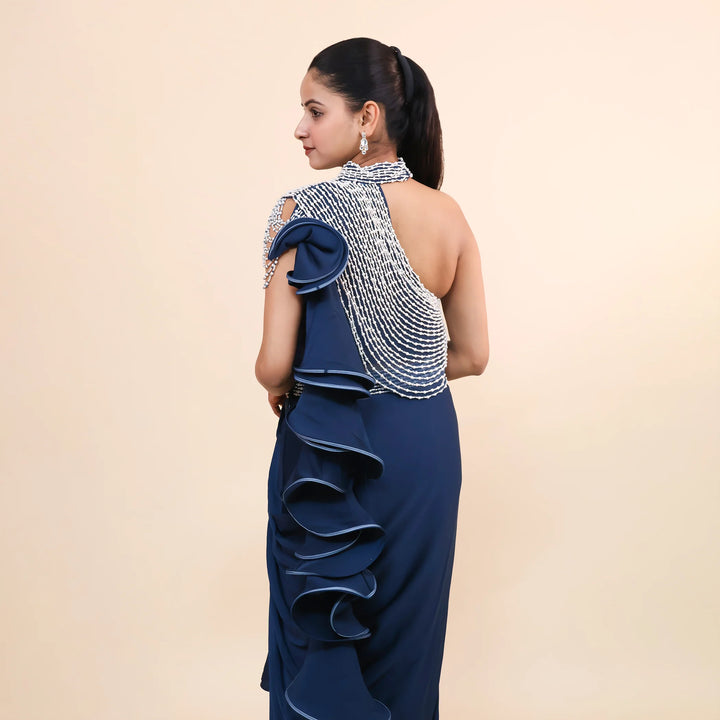 Peacock Blue Drape Saree- Vastrachowk