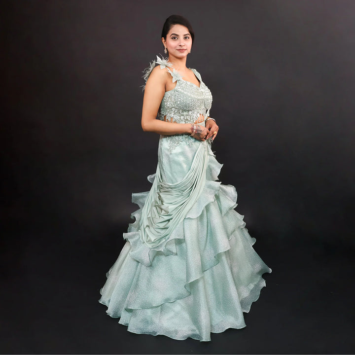 Pista Mermaid Style Drape Lehenga Vastrachowk