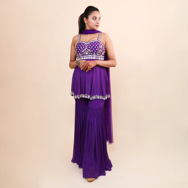 Purple Peplum Sharara Set- Vastrachowk