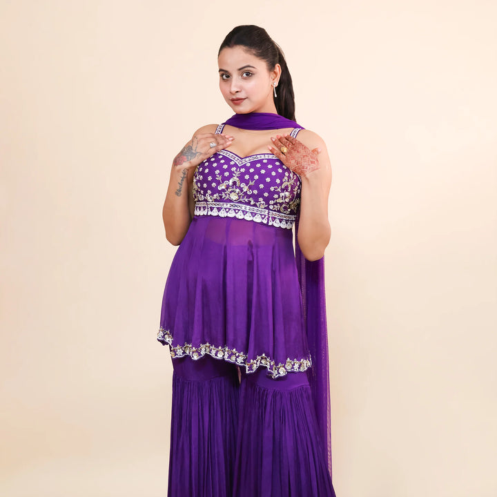 Purple Peplum Sharara Set- Vastrachowk