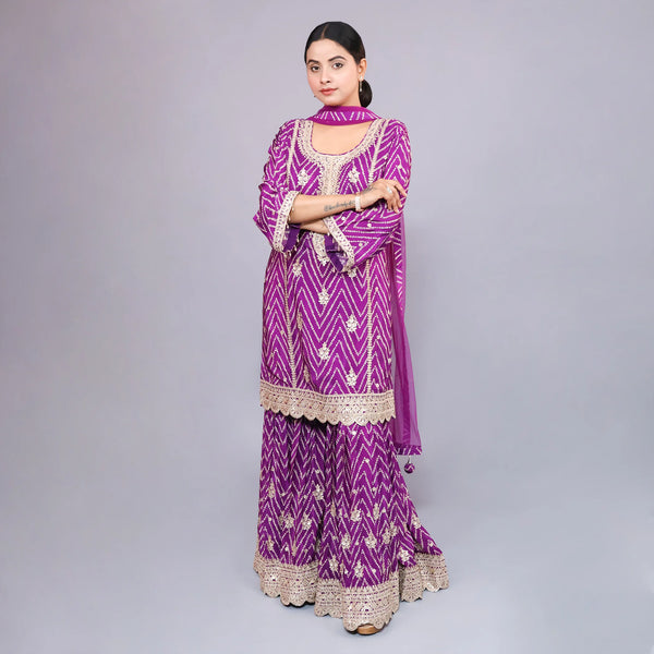 Purple Straight Shirt with Sharara & Net Dupatta