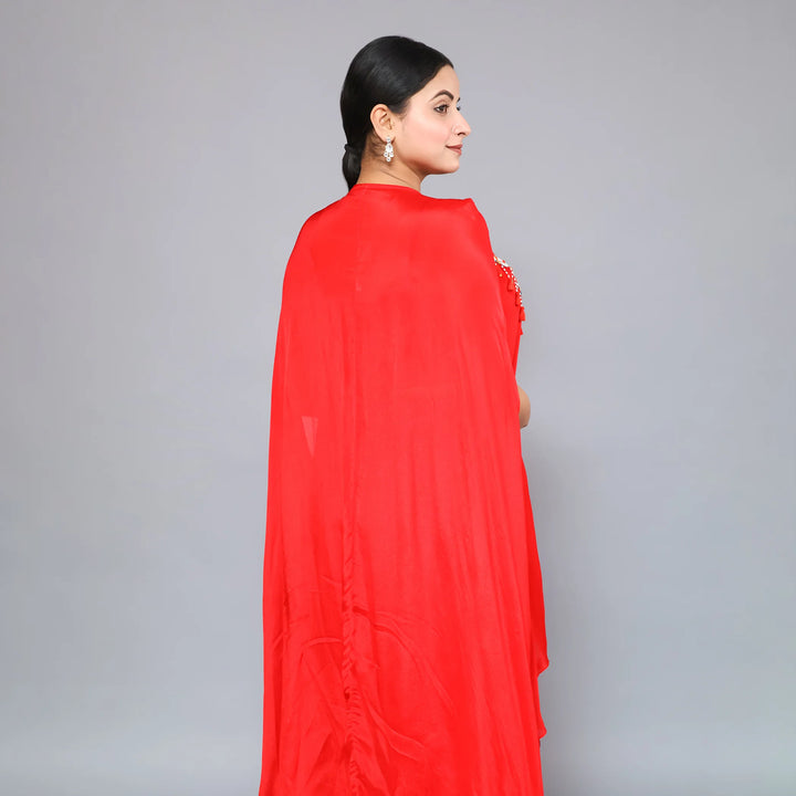 Red Crop Top with Shrug and Dhoti- Vastrachowk