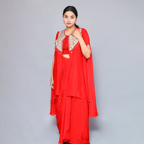 Red Crop Top with Shrug and Dhoti