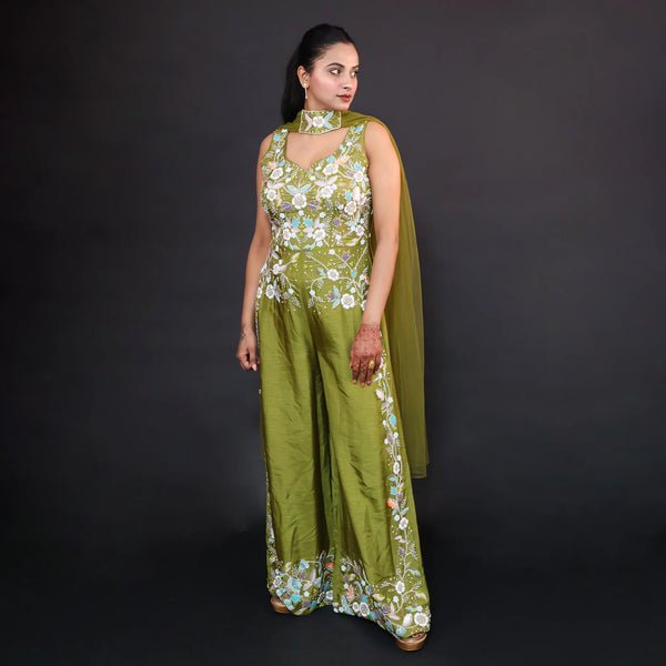 Silk Jumpsuit with Choker Dupatta