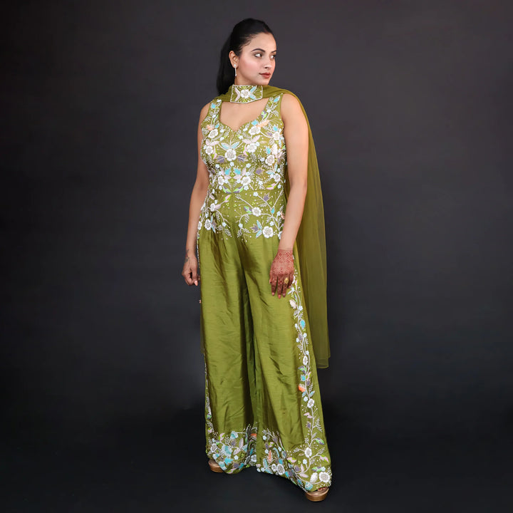 Silk Jumpsuit with Choker Dupatta