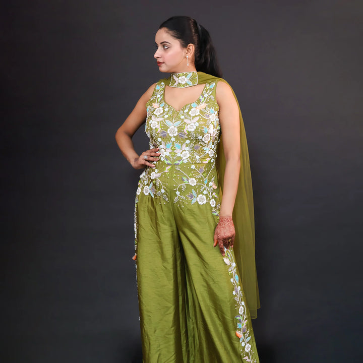 Silk Jumpsuit with Choker Dupatta