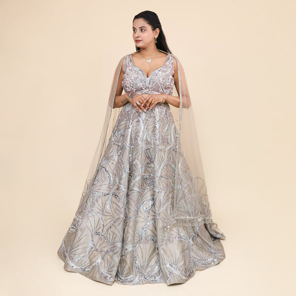 Silver Crop Top Ceremonial Lehenga- Vastrachowk