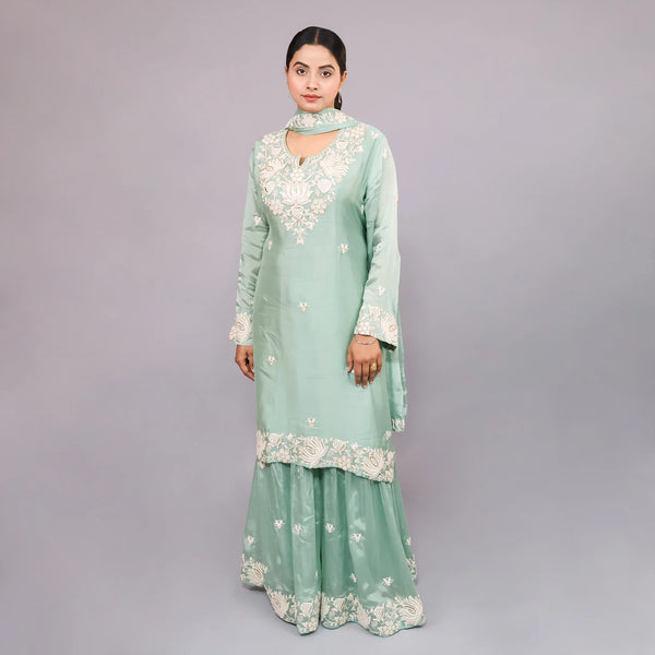 Sky Green Straight Suit with Sharara & Dupatta