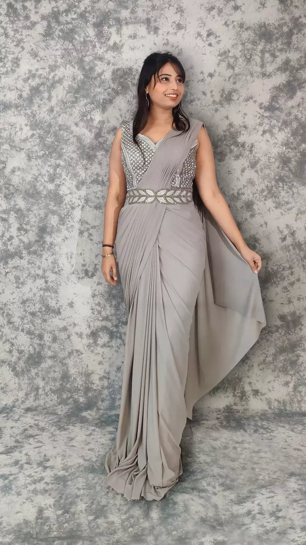 Gray Gown with attached Drape