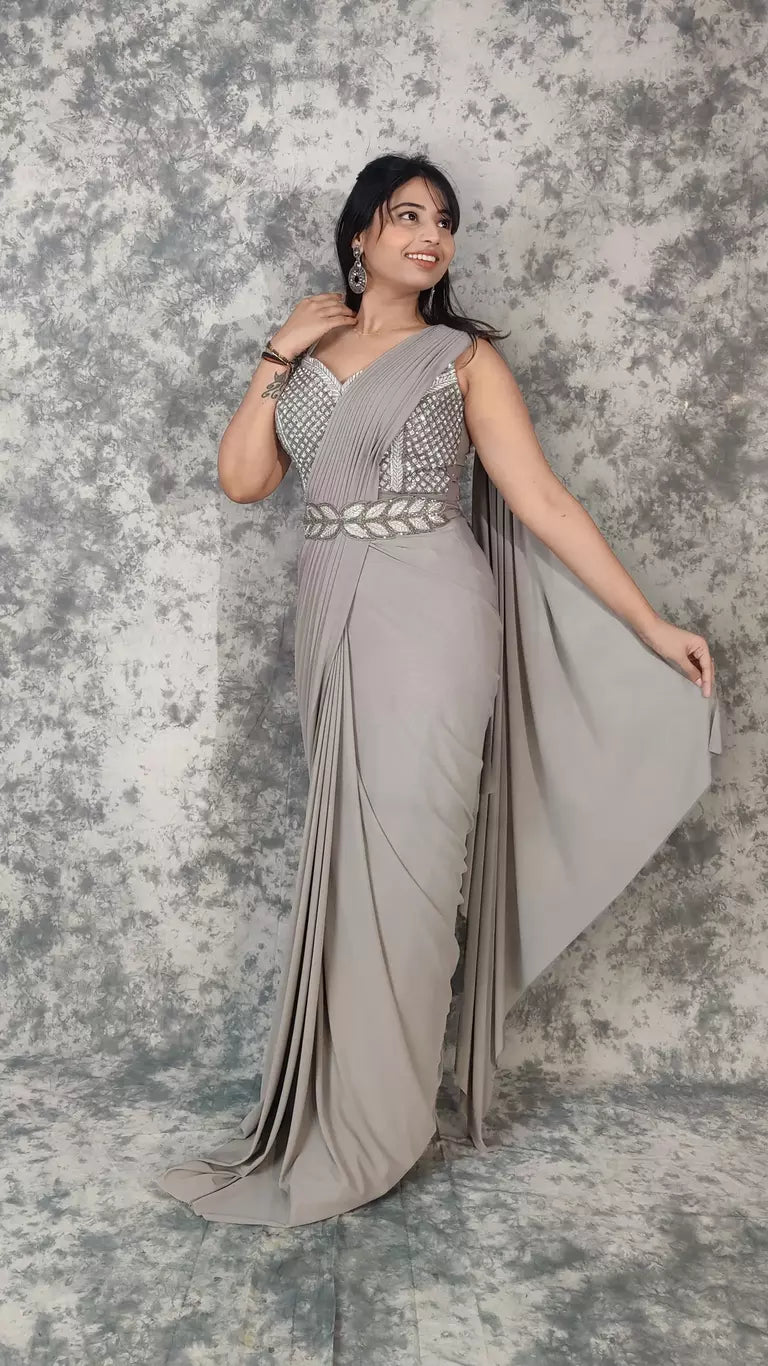 Load image into Gallery viewer, Gray Gown with attached Drape
