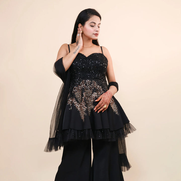 Stylish Black Peplum Sharara Set- Vastrachowk