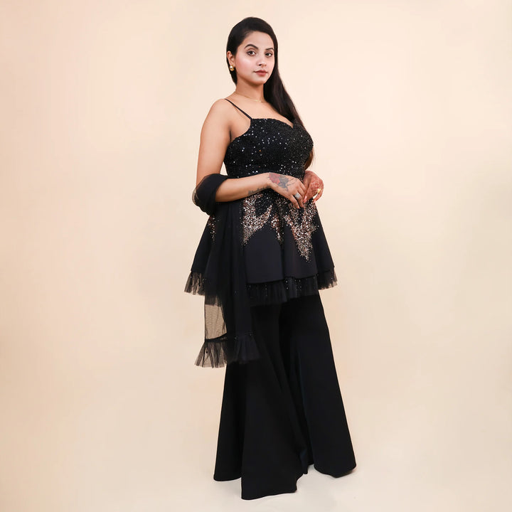 Stylish Black Peplum Sharara Set- Vastrachowk