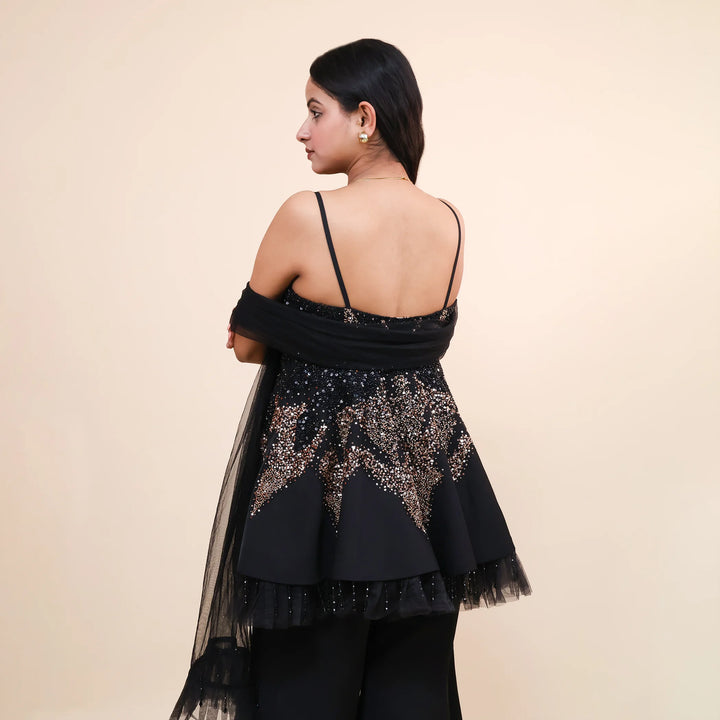 Stylish Black Peplum Sharara Set- Vastrachowk