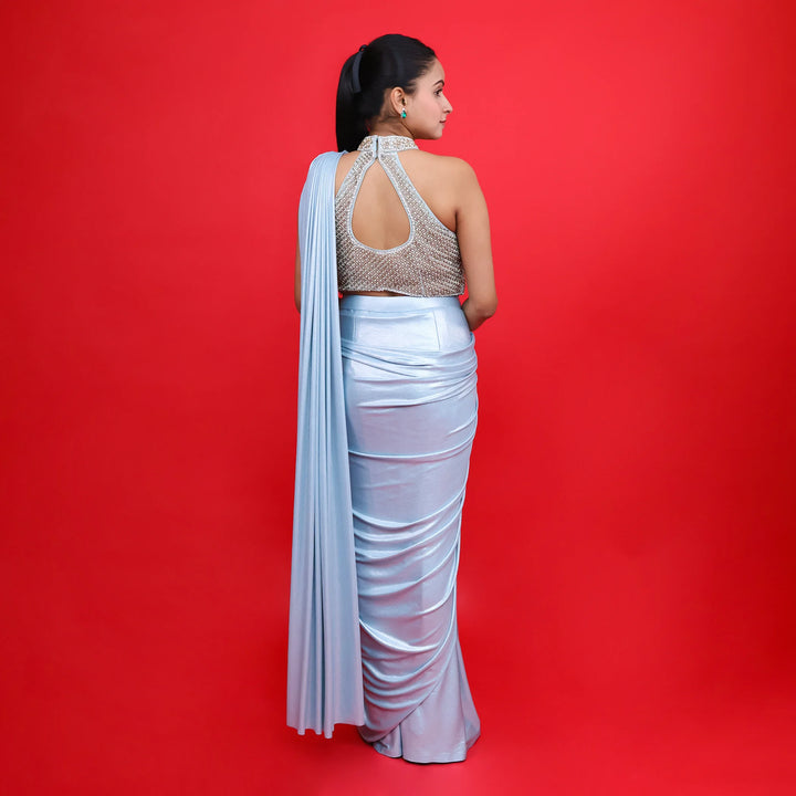 Stylish Halter Neck Drape Saree- Vastrachowk