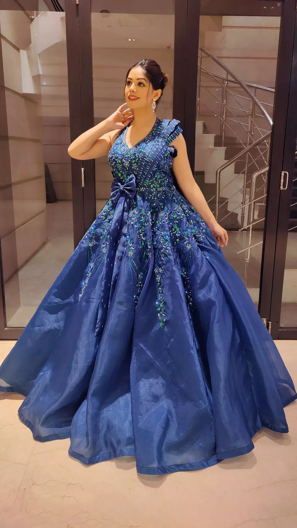 Teal Blue Flared Gown in Organza | Buy Gowns Online – vastrachowk