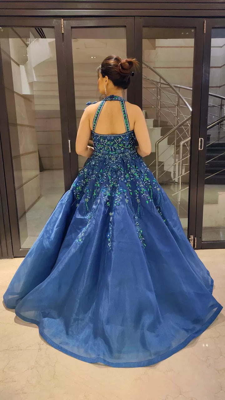 Teal Blue Flared Gown in Organza